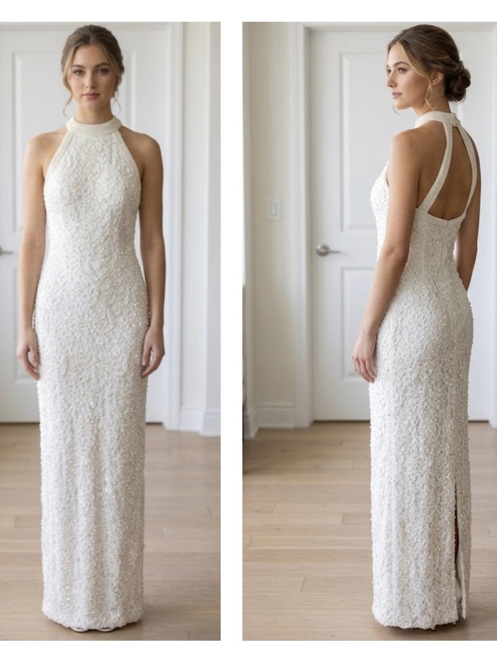 Oleg Cassini Ivory Sleeveless Pearl Beaded Lace Wedding Dress with Collar Halter